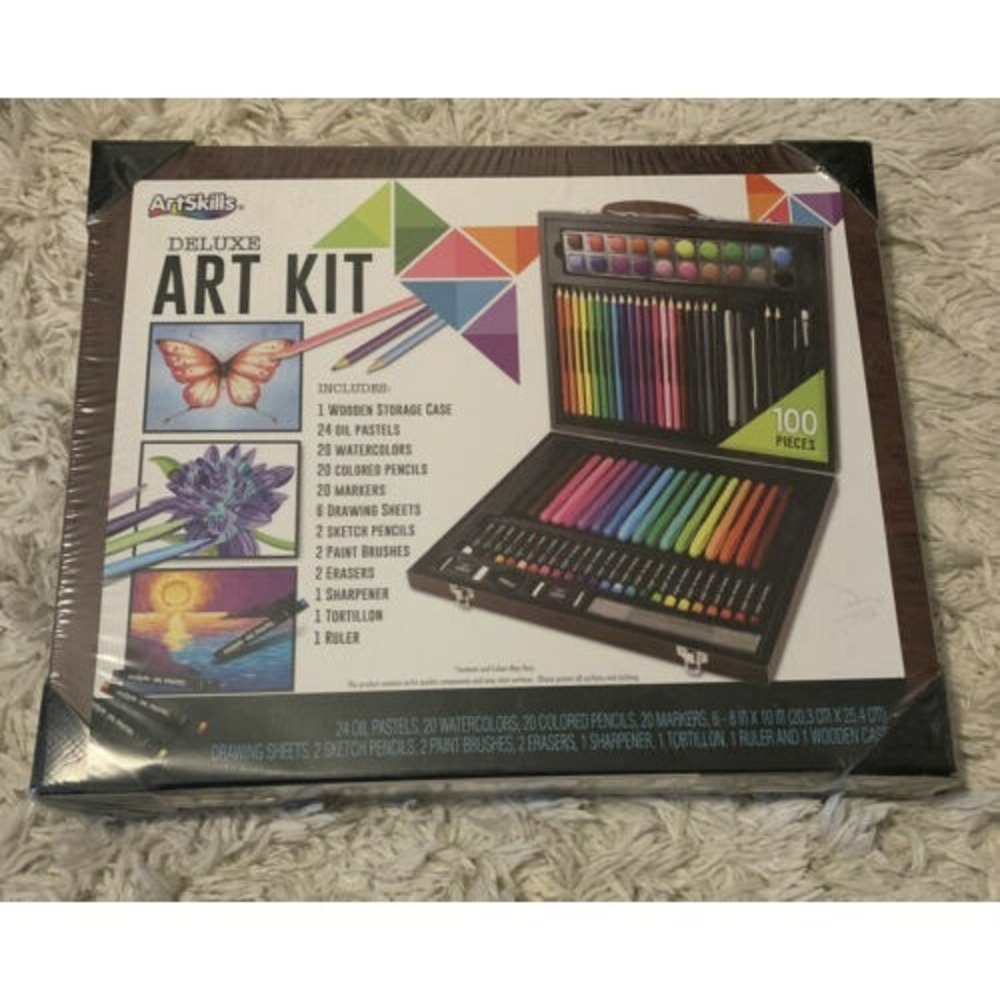 New Artskills Deluxe Art Kit 100 Pieces Wooden Case Colored Pencils Sealed